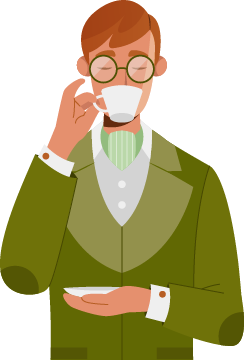 Illustration of a man in green suit drinking tea from a cup