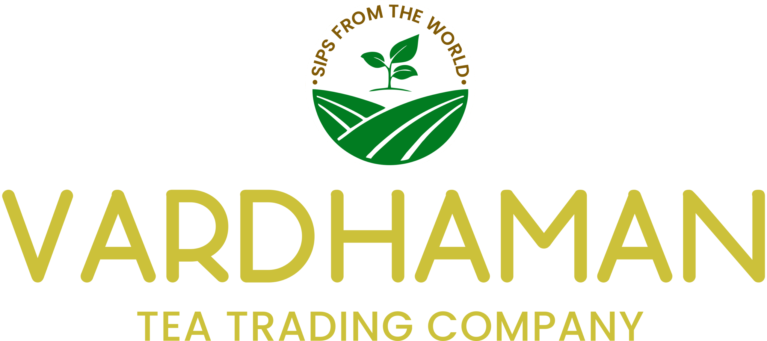 Vardhaman Tea Trading Company logo with green tea leaf and Sips From The World tagline