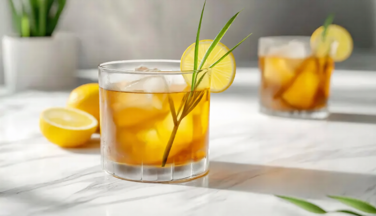 Classic lemon iced tea with lemon slices, mint leaves and ice cubes in a chilled glass.
