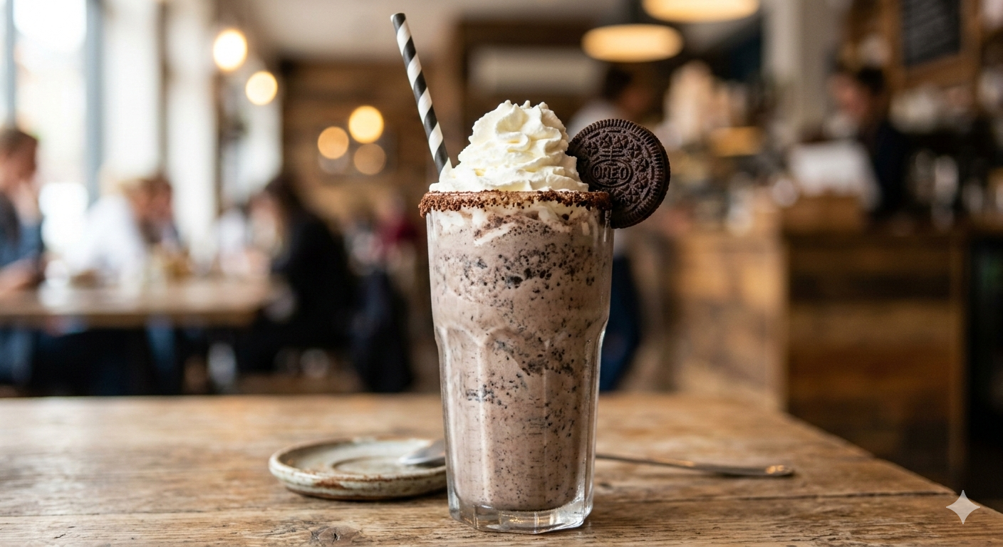 Thick chocolate cookie milkshake served in a chilled glass with a whole Oreo garnish.