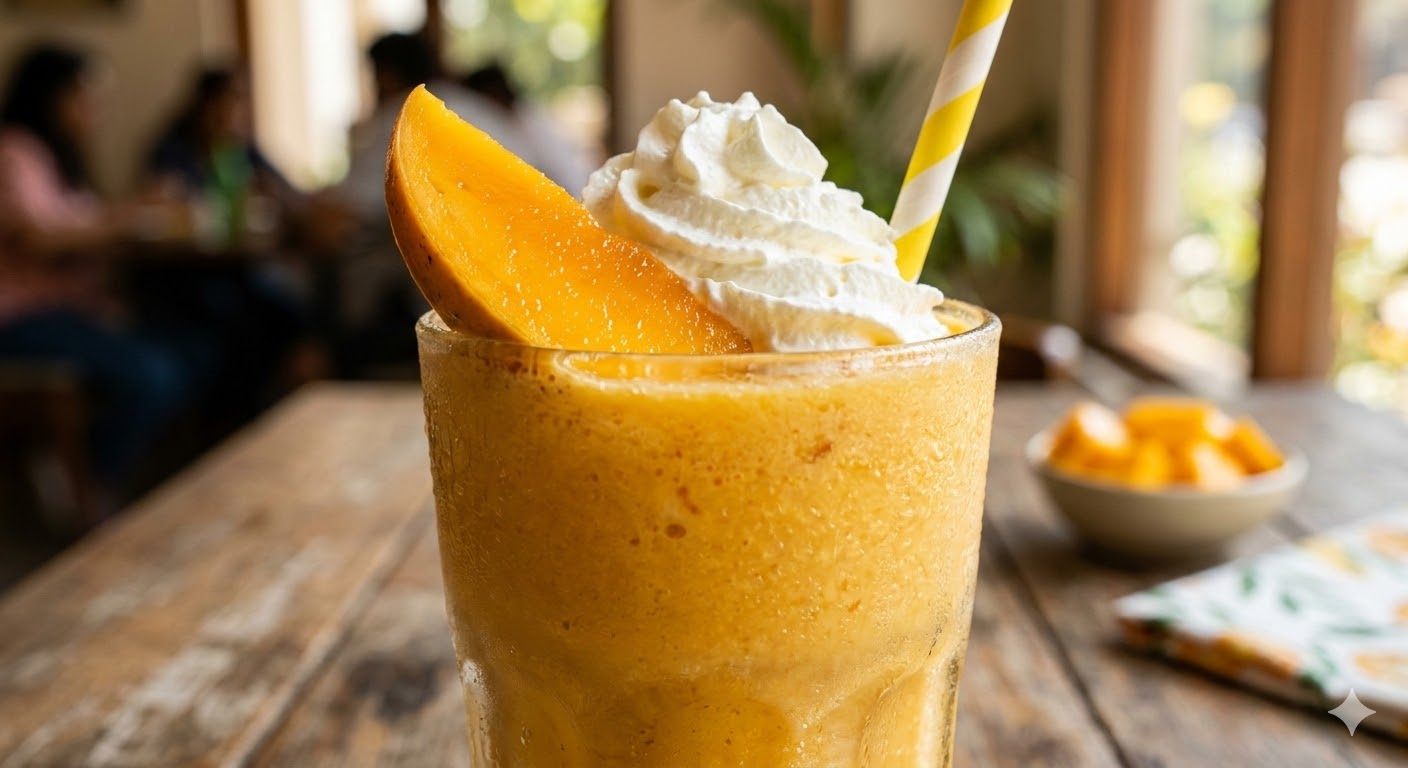 High-quality ingredients for a thick mango smoothie with fresh fruit chunks and chilled milk.