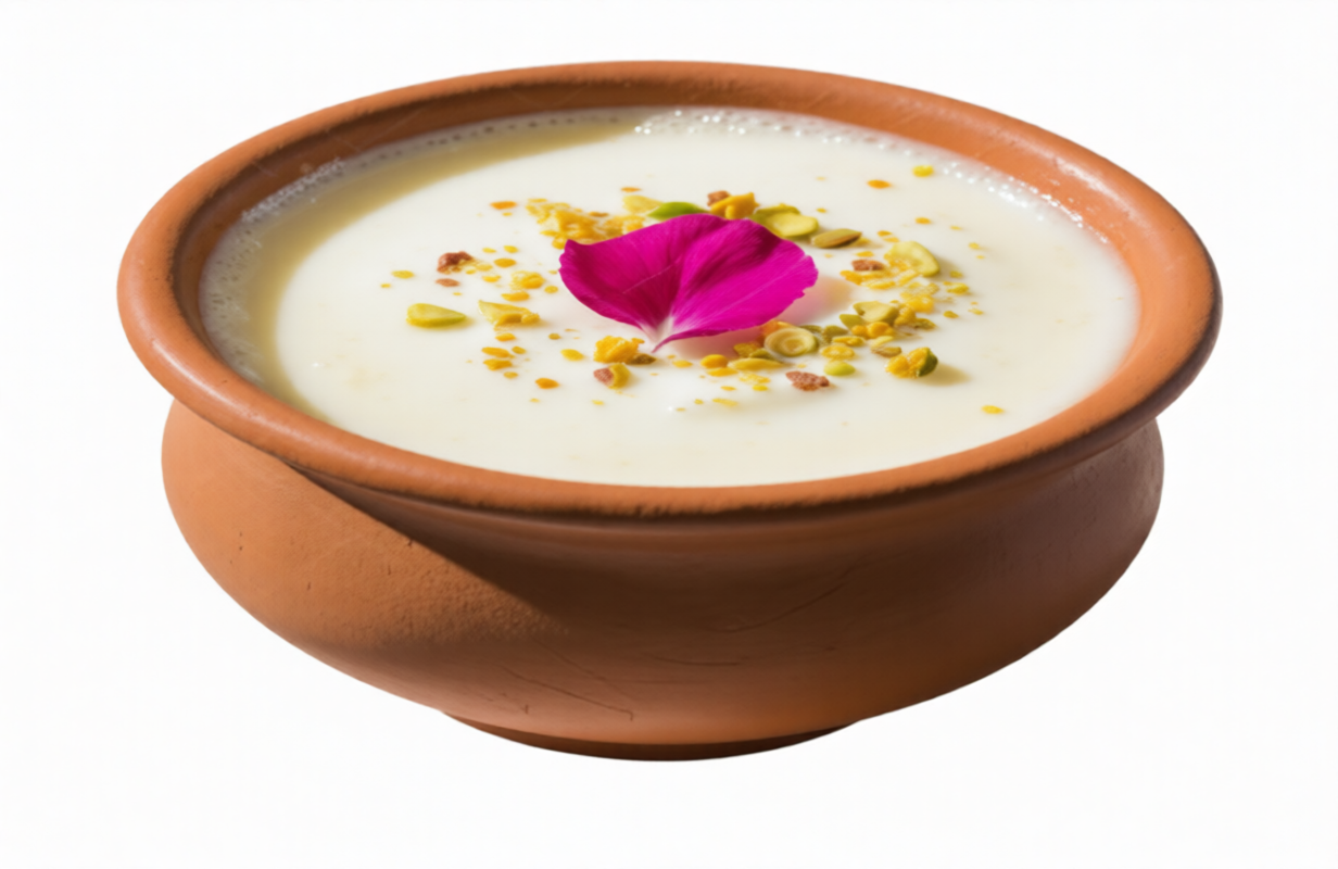 Creamy Indian rabri sweet dish garnished with dry fruits in an earthen clay bowl.