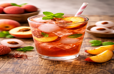 Fresh peach iced tea with peach slices, mint leaves and ice cubes in a glass.